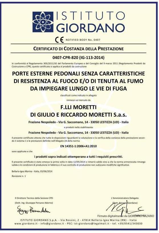 Certificazione su Porte per le vie di Fuga